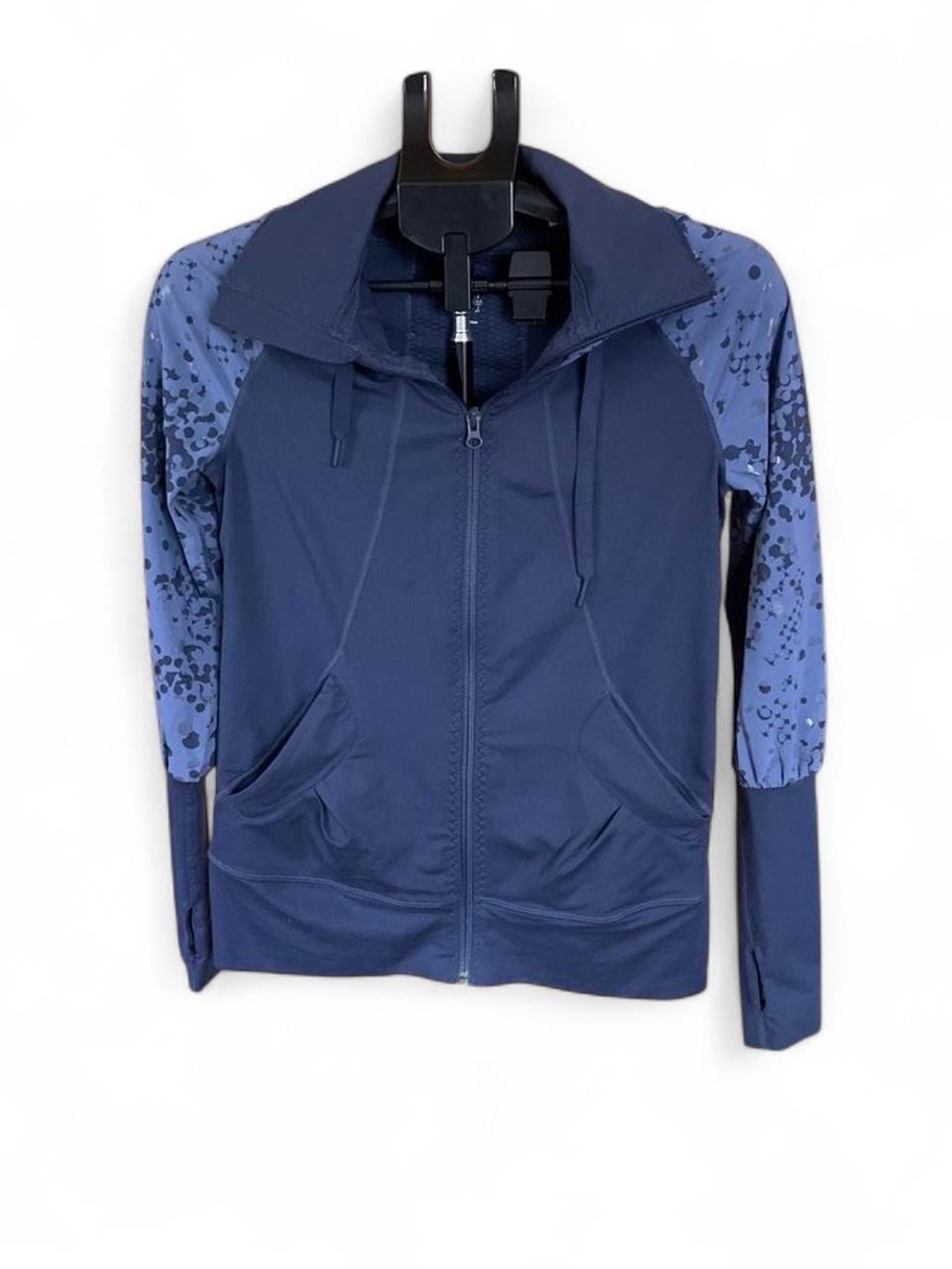 adidas Women's Navy Blue Zip-Up Hoodie with Patterned Sleeves